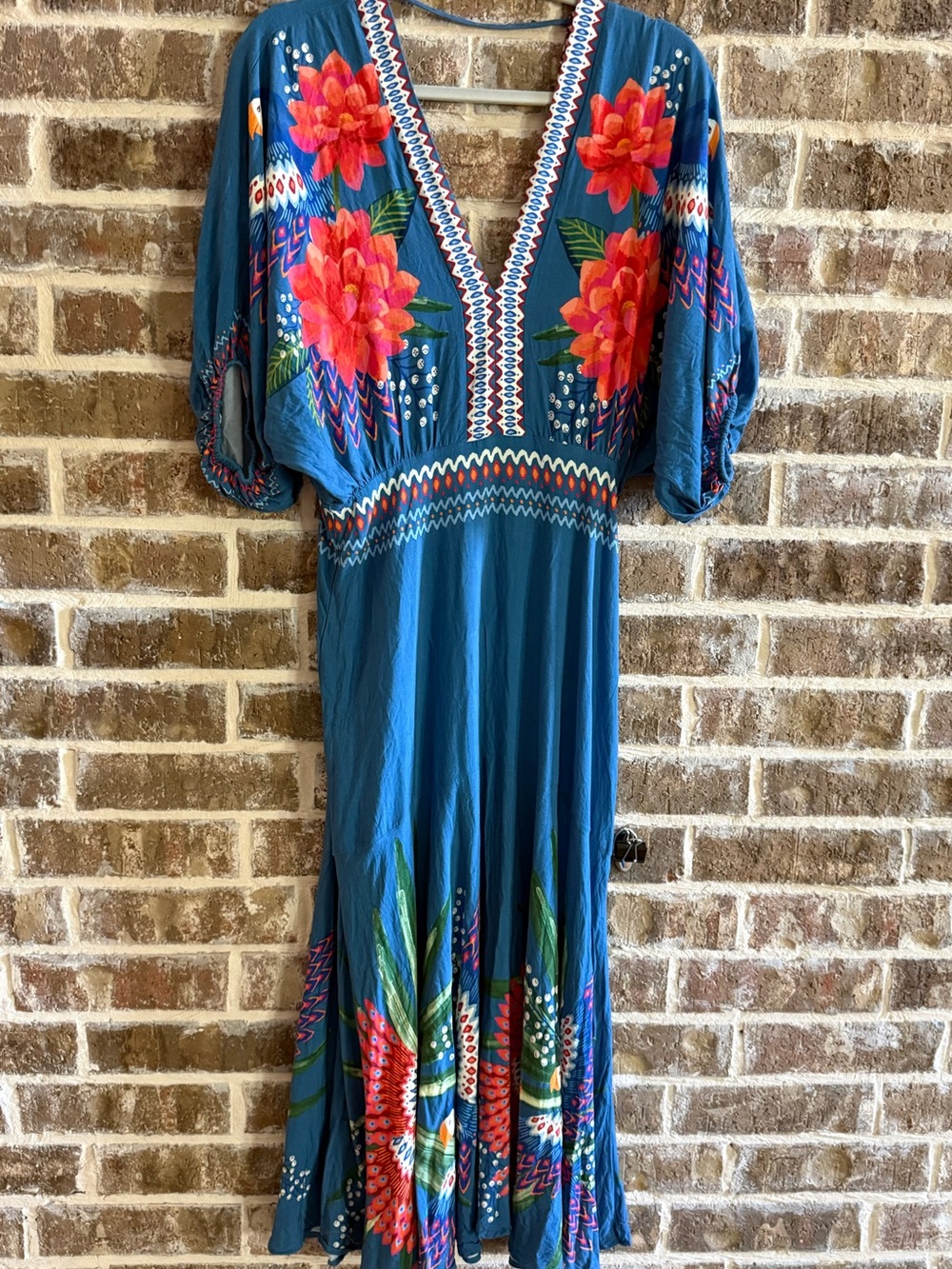 FARM Rio Teal Midi Dress with Pink Floral Print